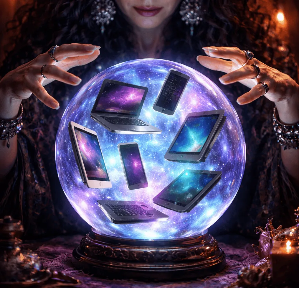 Hands hover over a glowing crystal ball filled with floating laptops, tablets, and smartphones.