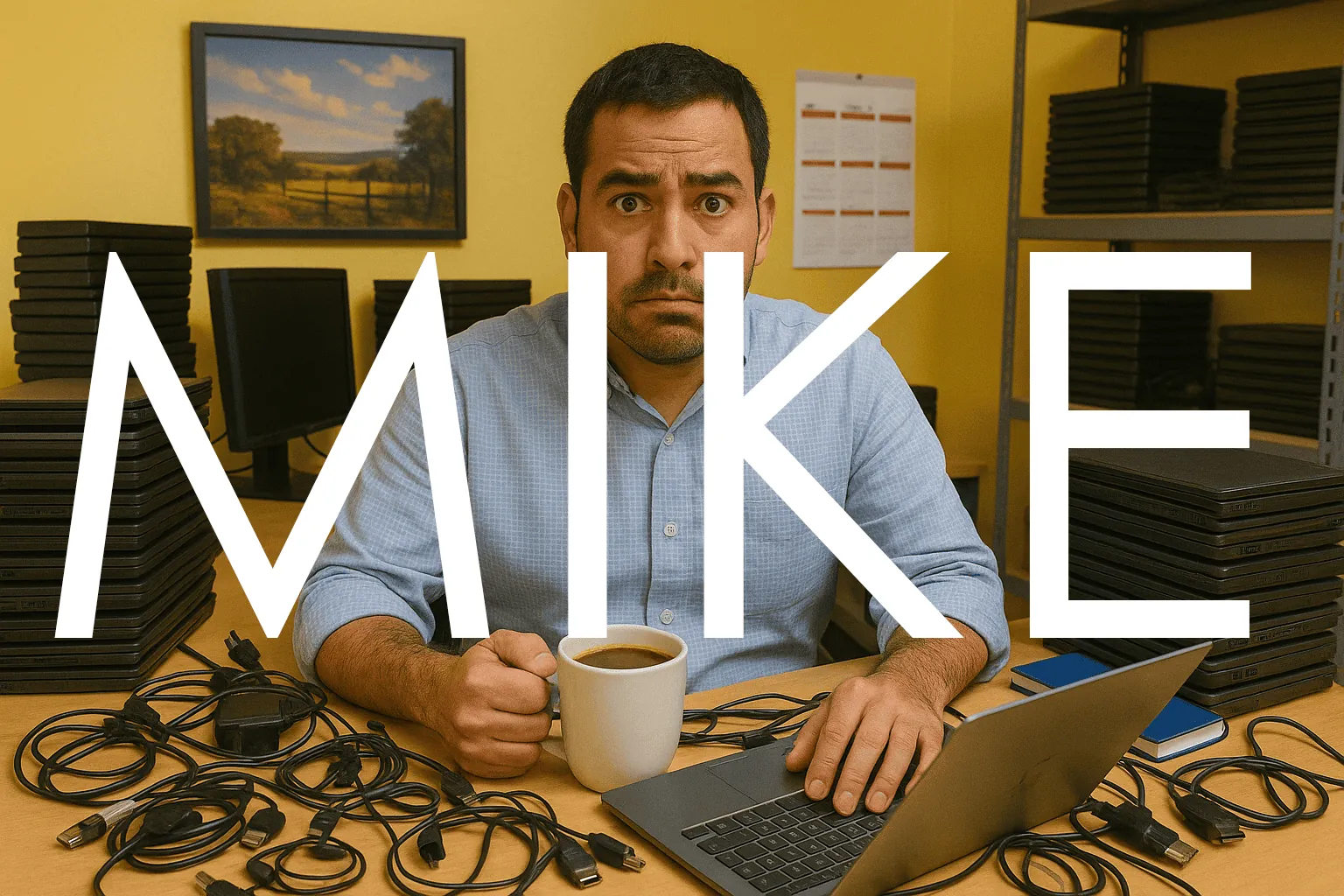 Stressed man with coffee at a desk full of tangled cables and stacked laptops, with the name "MIKE" in large white letters.