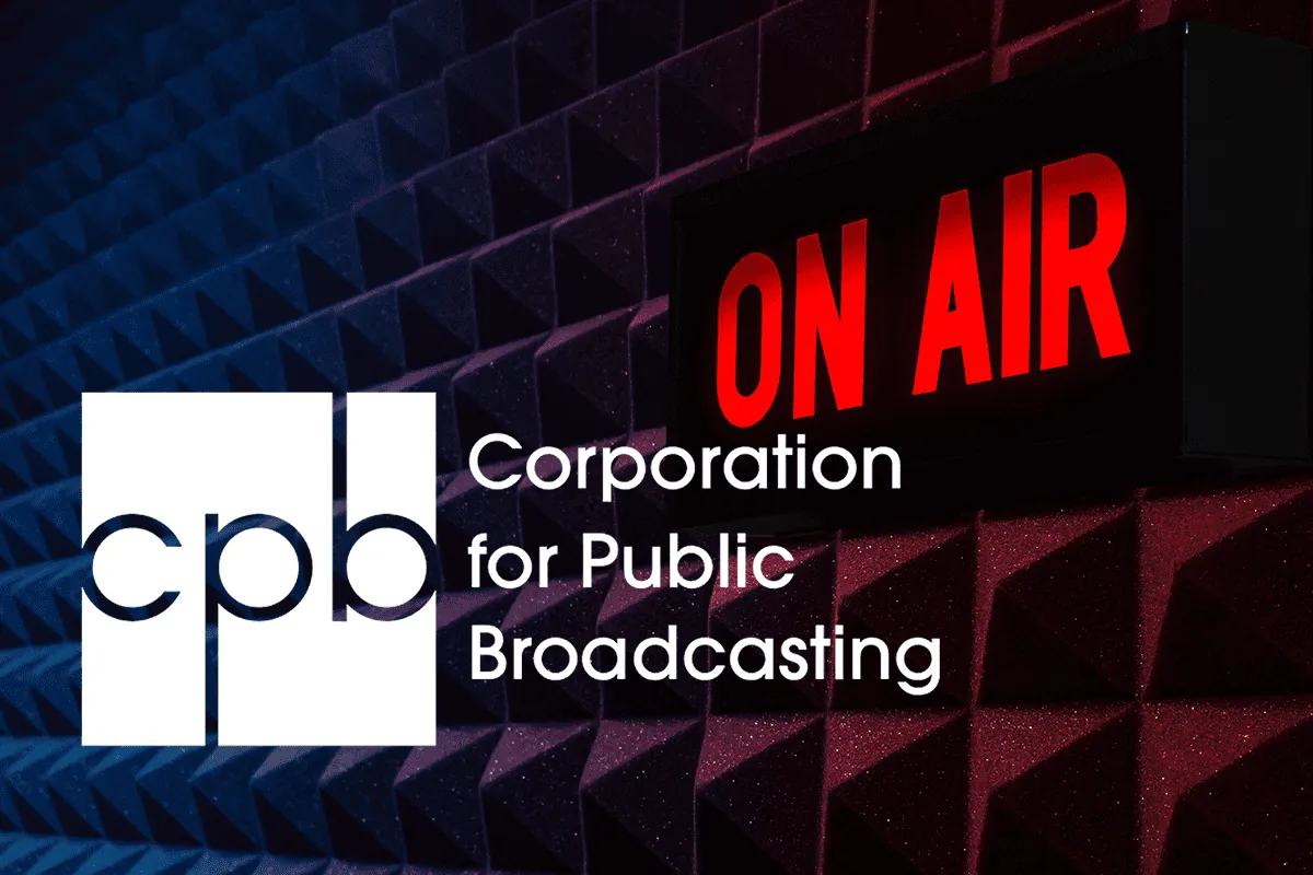 Corporation for Public Broadcasting (CPB) logo beside a lit red "On Air" sign on acoustic foam studio walls.