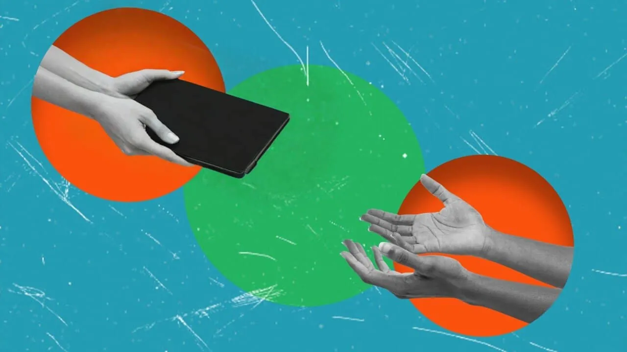Collage of one hand passing a black tablet toward another pair of open, outstretched hands on a blue background.
