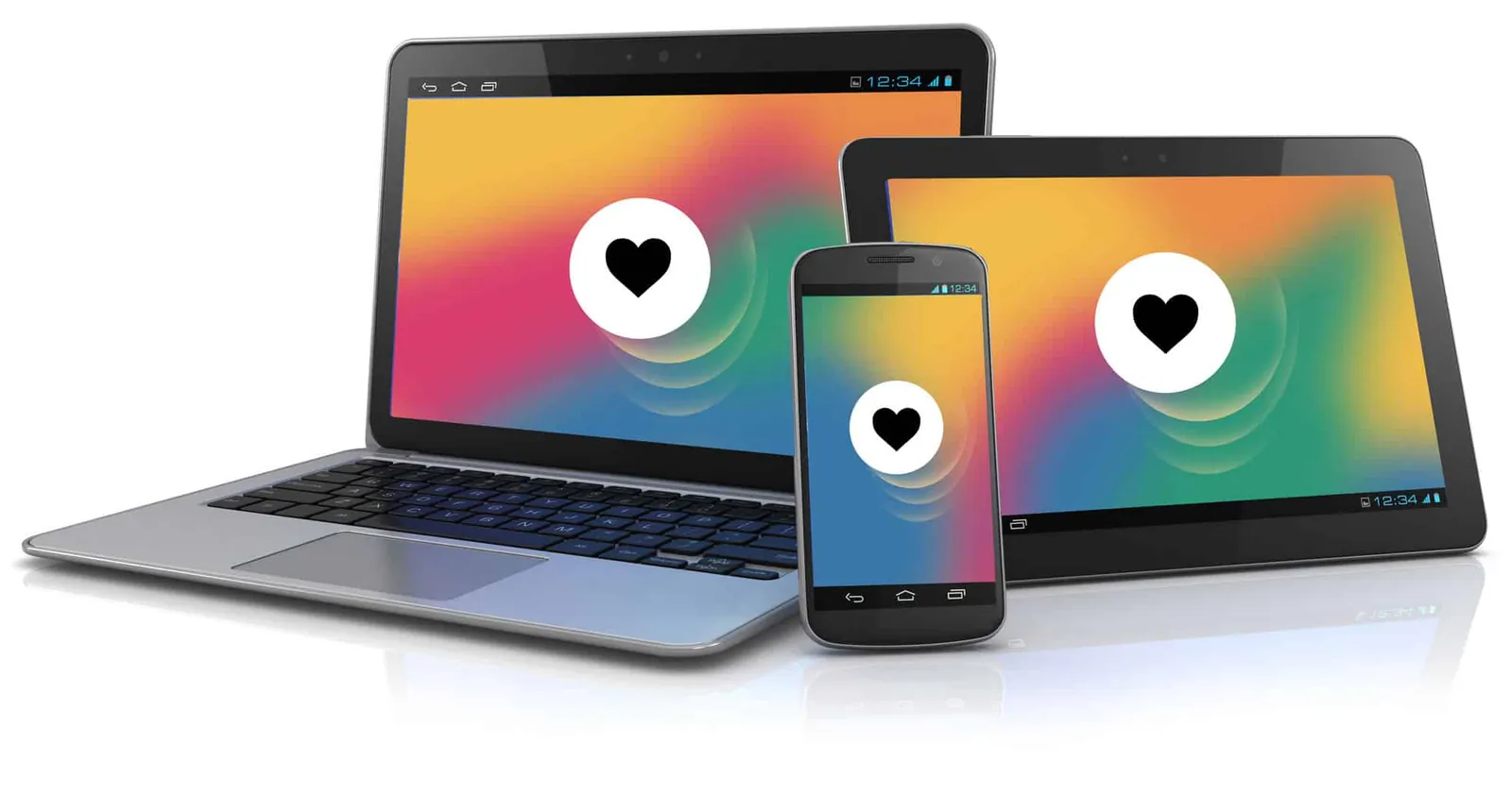 Laptop, smartphone, and tablet with colorful screens, each displaying a white circle with a black heart.