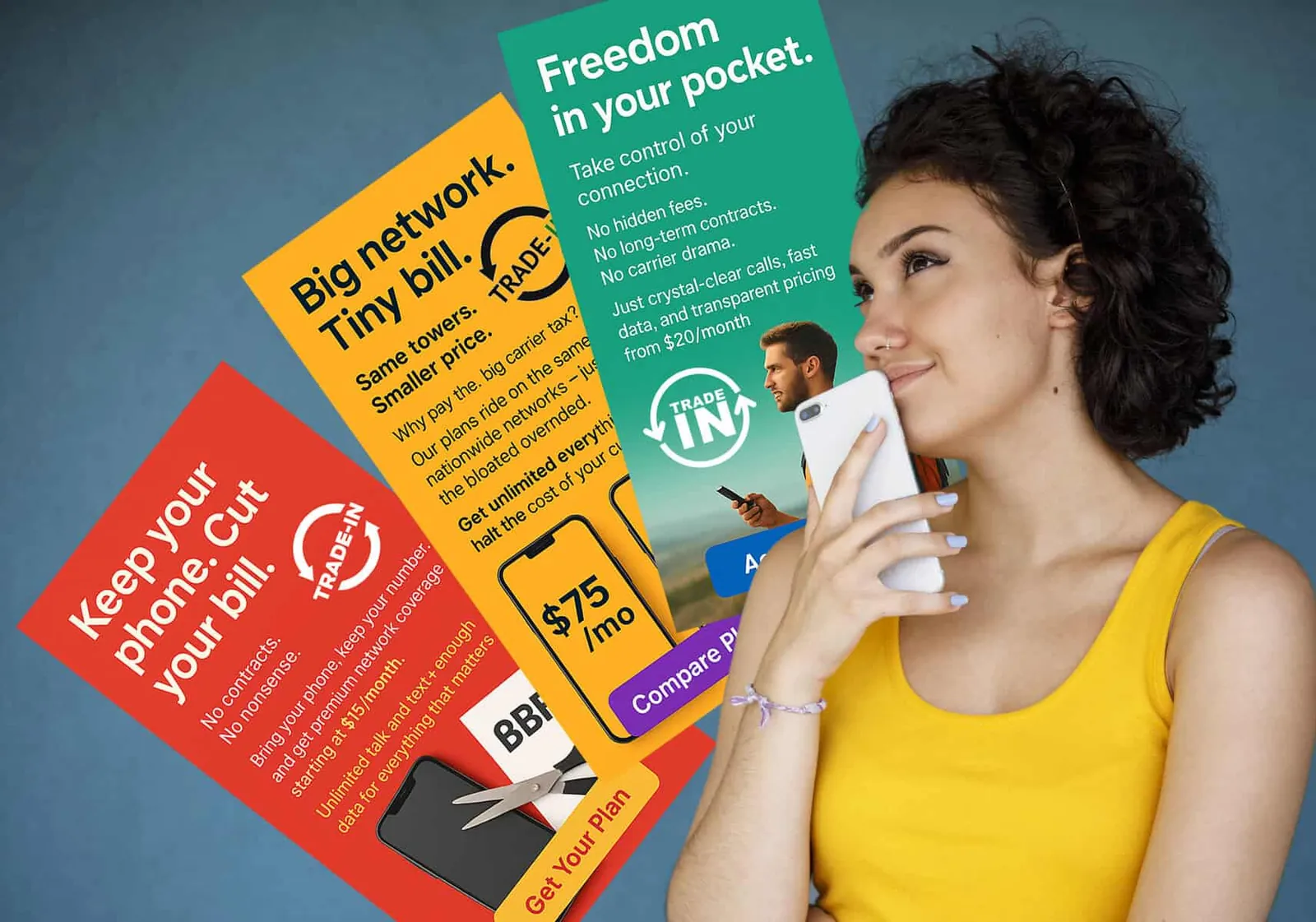 Woman holding a phone to her cheek beside colorful mobile plan ads with trade-in badges and prices.