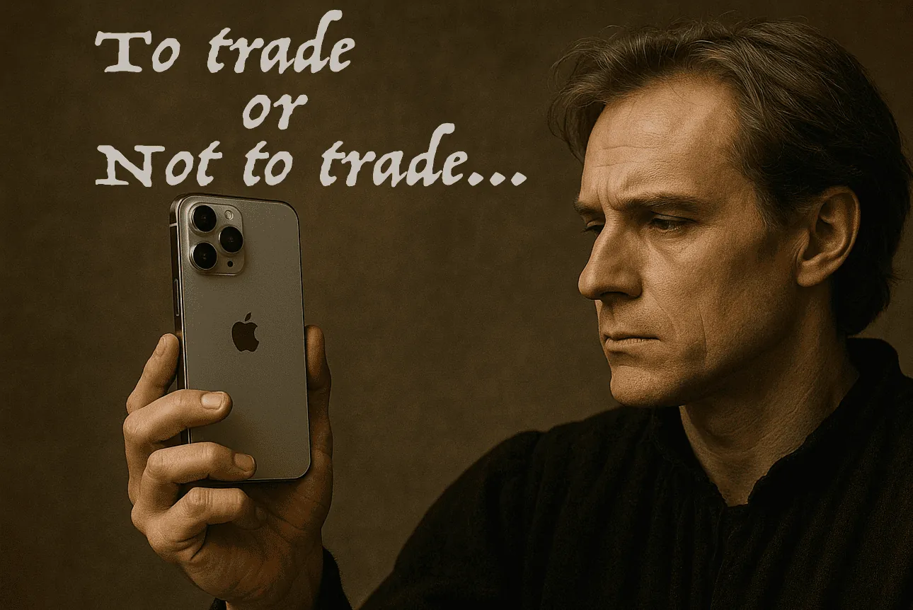 Man in dark clothing studies an iPhone he's holding up, beside the words "To trade or Not to trade..."