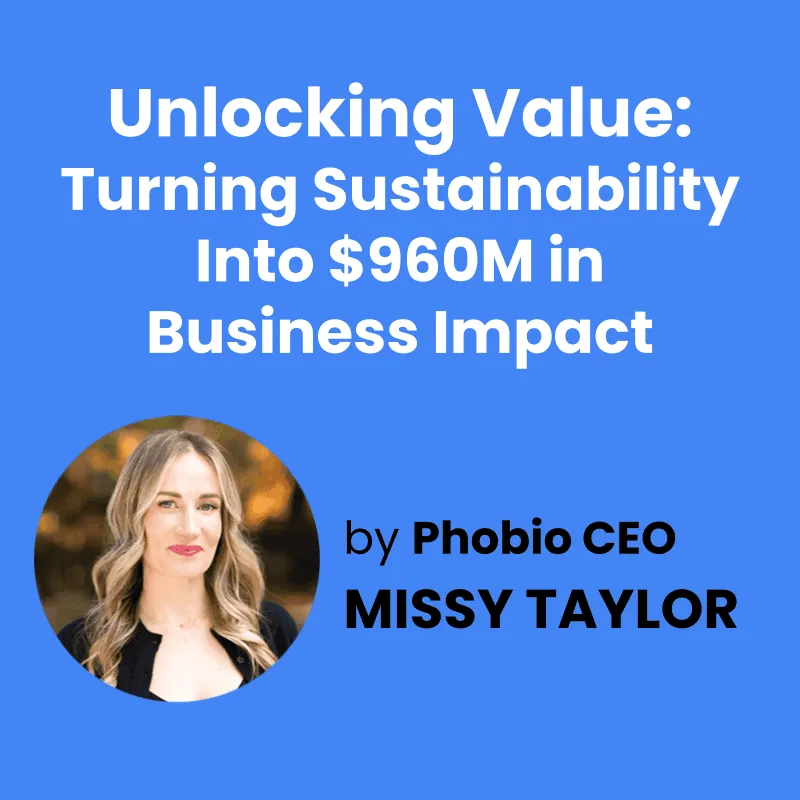 Title card "Unlocking Value: Turning Sustainability Into $960M in Business Impact" by Phobio CEO Missy Taylor, with her headshot.